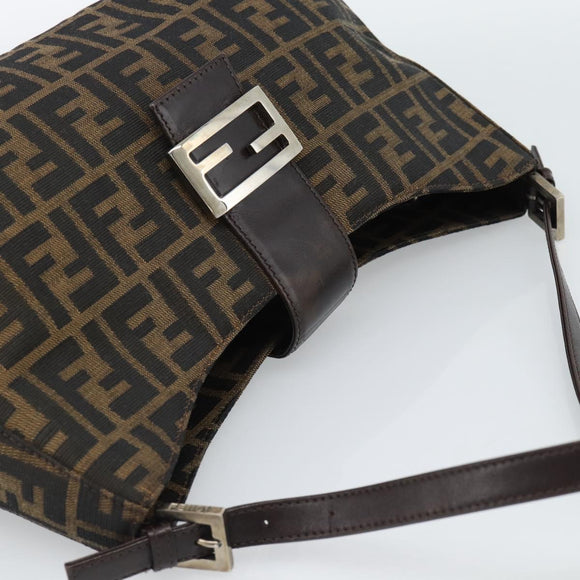 FENDI Zucca Canvas Mamma Baguette Shoulder Bag Black Brown Auth 188964V