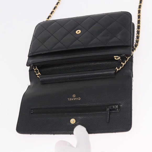 CHANEL Matelasse Chain Shoulder Bag Caviar Skin Black Gold CC Auth 188972