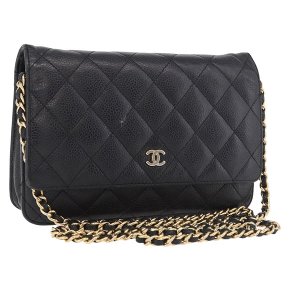 CHANEL Matelasse Chain Shoulder Bag Caviar Skin Black Gold CC Auth 188972