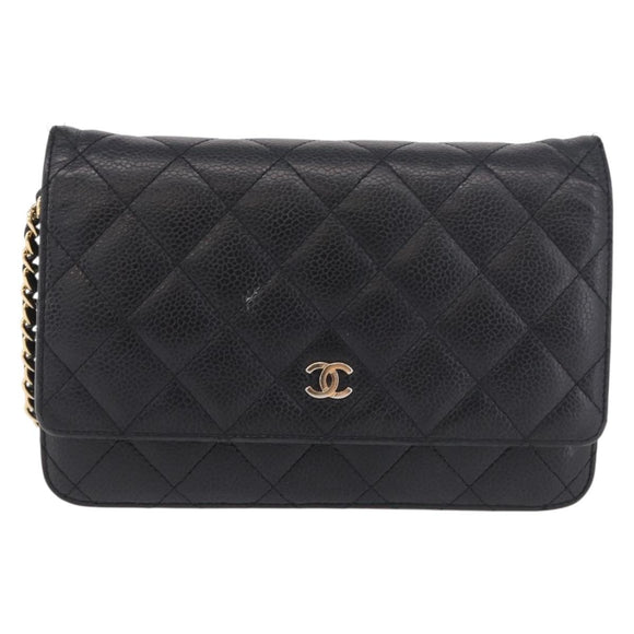 CHANEL Matelasse Chain Shoulder Bag Caviar Skin Black Gold CC Auth 188972