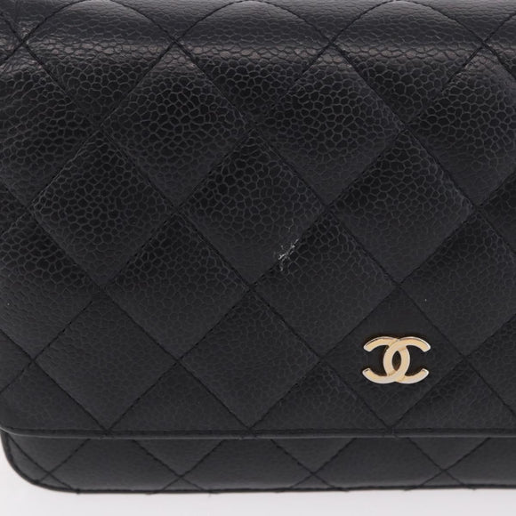 CHANEL Matelasse Chain Shoulder Bag Caviar Skin Black Gold CC Auth 188972