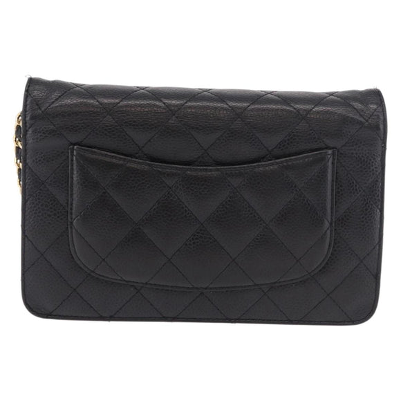 CHANEL Matelasse Chain Shoulder Bag Caviar Skin Black Gold CC Auth 188972