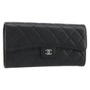 CHANEL Matelasse Long Wallet Caviar Skin Black Silver CC Auth 188983V-1