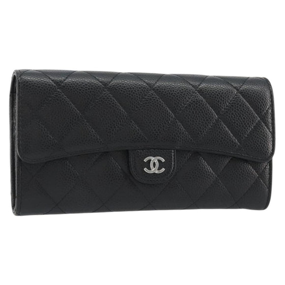 CHANEL Matelasse Long Wallet Caviar Skin Black Silver CC Auth 188983V