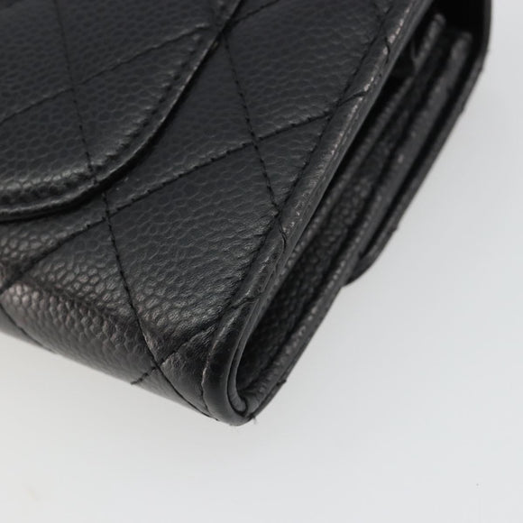 CHANEL Matelasse Long Wallet Caviar Skin Black Silver CC Auth 188983V