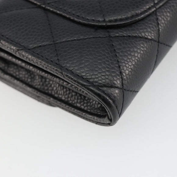 CHANEL Matelasse Long Wallet Caviar Skin Black Silver CC Auth 188983V