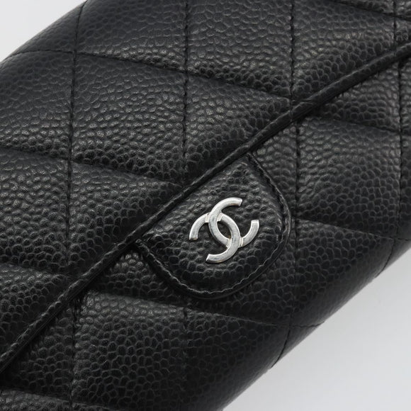 CHANEL Matelasse Long Wallet Caviar Skin Black Silver CC Auth 188983V