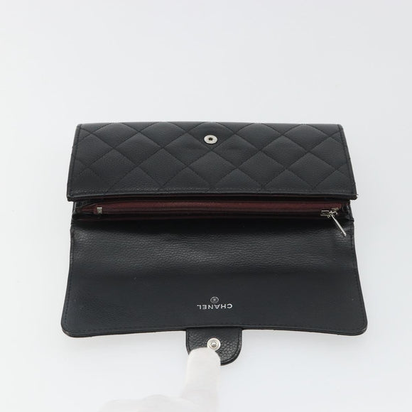 CHANEL Matelasse Long Wallet Caviar Skin Black Silver CC Auth 188983V