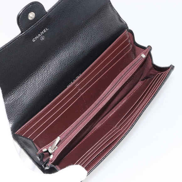 CHANEL Matelasse Long Wallet Caviar Skin Black Silver CC Auth 188983V