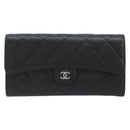 CHANEL Matelasse Long Wallet Caviar Skin Black Silver CC Auth 188983V-2