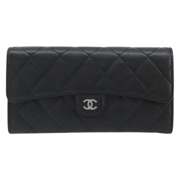 CHANEL Matelasse Long Wallet Caviar Skin Black Silver CC Auth 188983V
