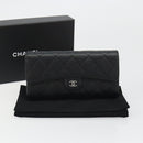 CHANEL Matelasse Long Wallet Caviar Skin Black Silver CC Auth 188983V-23