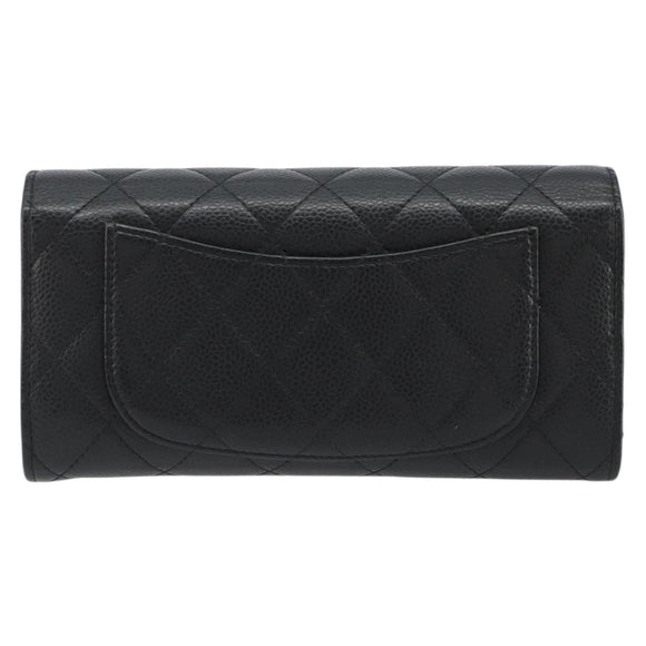 CHANEL Matelasse Long Wallet Caviar Skin Black Silver CC Auth 188983V