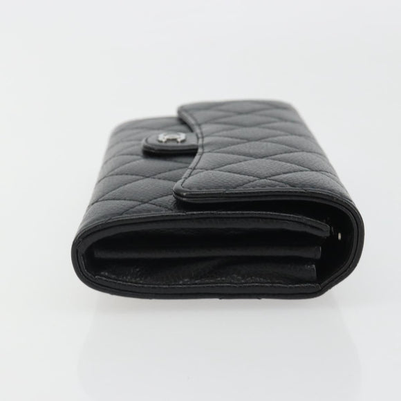 CHANEL Matelasse Long Wallet Caviar Skin Black Silver CC Auth 188983V