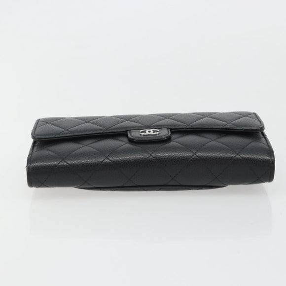 CHANEL Matelasse Long Wallet Caviar Skin Black Silver CC Auth 188983V