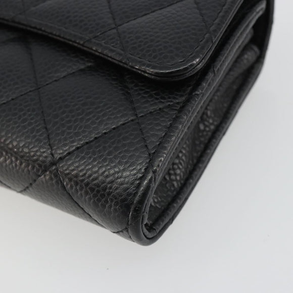 CHANEL Matelasse Long Wallet Caviar Skin Black Silver CC Auth 188983V
