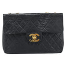 CHANEL Big Matelasse 34 Chain Shoulder Bag Lamb Skin Black Gold CC Auth 188990V-2