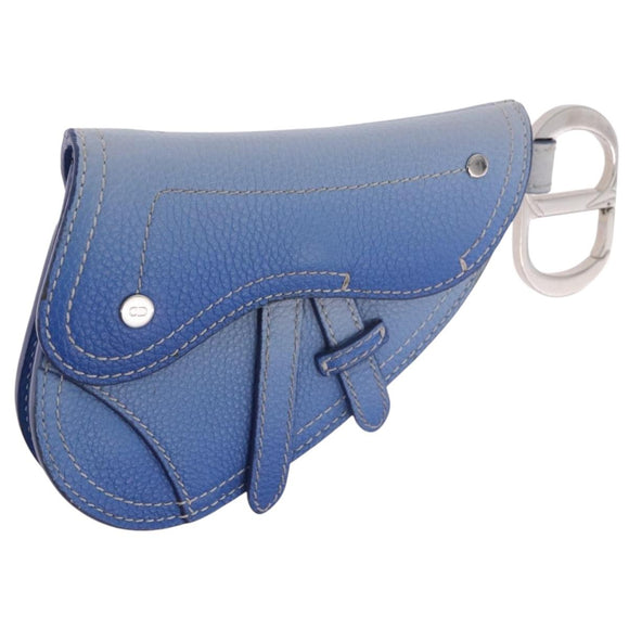 Christian Dior Saddle Pouch Leather Light Blue Silver Auth 188996
