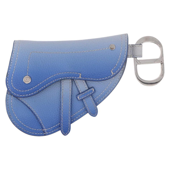 Christian Dior Saddle Pouch Leather Light Blue Silver Auth 188996