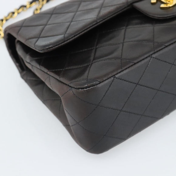 CHANEL Matelasse 25 Chain Shoulder Bag Lamb Skin Black Gold CC Auth 189017V