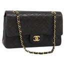 CHANEL Matelasse 25 Chain Shoulder Bag Lamb Skin Black Gold CC Auth 189017V-1