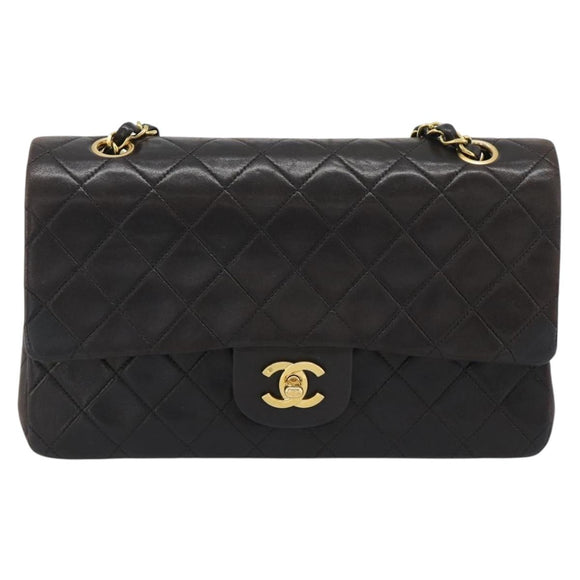 CHANEL Matelasse 25 Chain Shoulder Bag Lamb Skin Black Gold CC Auth 189017V