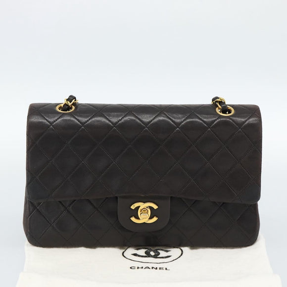 CHANEL Matelasse 25 Chain Shoulder Bag Lamb Skin Black Gold CC Auth 189017V