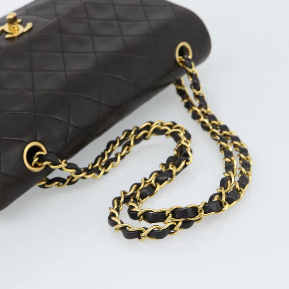 CHANEL Matelasse 25 Chain Shoulder Bag Lamb Skin Black Gold CC Auth 189017V