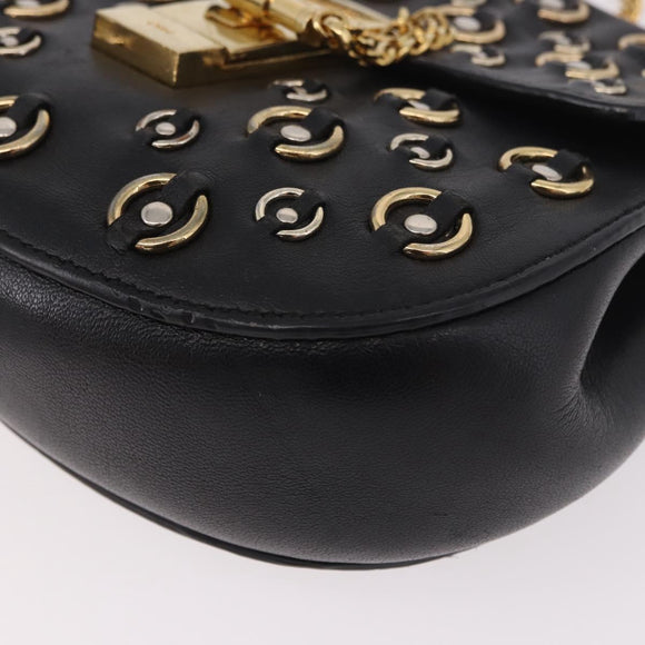Chloe Drew Chain Shoulder Bag Leer Zwart Goud Auth 189046A