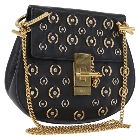 Chloe Drew Chain Shoulder Bag Leer Zwart Goud Auth 189046A