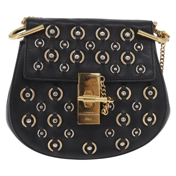 Chloe Drew Chain Shoulder Bag Leer Zwart Goud Auth 189046A