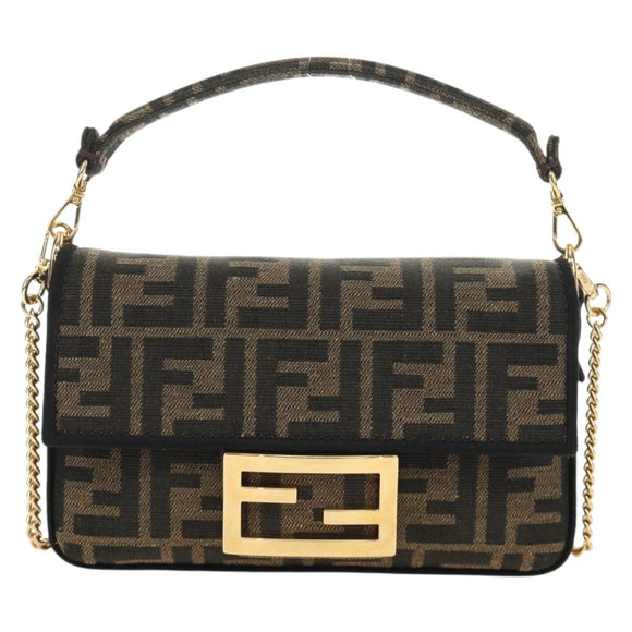 FENDI Chain Zucca Canvas Mamma Baguette Bag 2way Brown Black Auth 189061SV