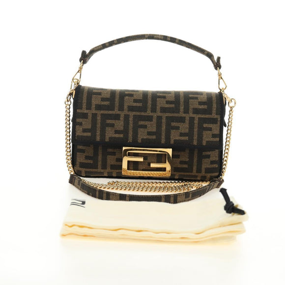 FENDI Chain Zucca Canvas Mamma Baguette Bag 2way Brown Black Auth 189061SV