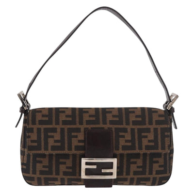 FENDI Zucca Canvas Mamma Baguette Shoulder Bag Black Brown Auth 189064V - 0