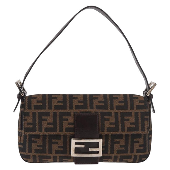 FENDI Zucca Canvas Mamma Baguette Shoulder Bag Black Brown Auth 189064V