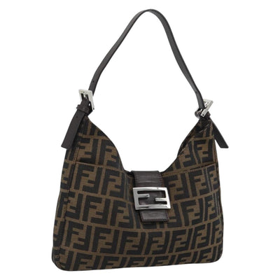 FENDI Zucca Canvas Mamma Baguette Shoulder Bag Black Brown Auth 189068V