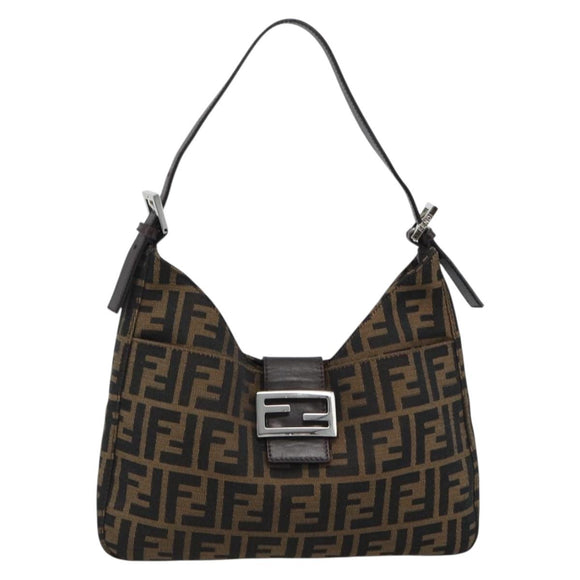 FENDI Zucca Canvas Mamma Baguette Shoulder Bag Black Brown Auth 189068V