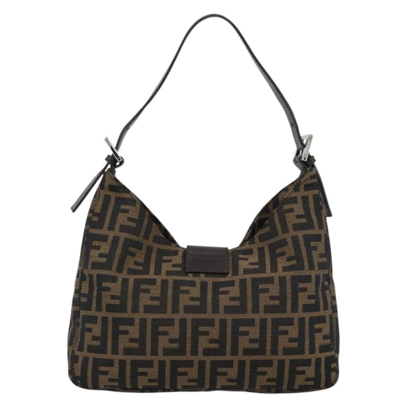 FENDI Zucca Canvas Mamma Baguette Shoulder Bag Black Brown Auth 189068V