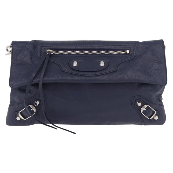 BALENCIAGA Classic Envelope Shoulder Bag Leather Navy Silver 319376 Auth 189069V