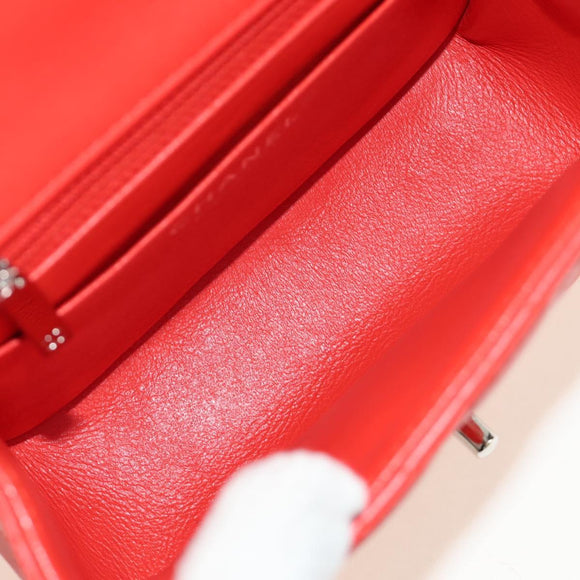 CHANEL Mini Matelasse 17 Chain Bag Lamb Skin Red Silver CC Auth 189072SM