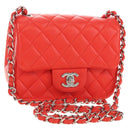 CHANEL Mini Matelasse 17 Chain Bag Lamb Skin Red Silver CC Auth 189072SM-1
