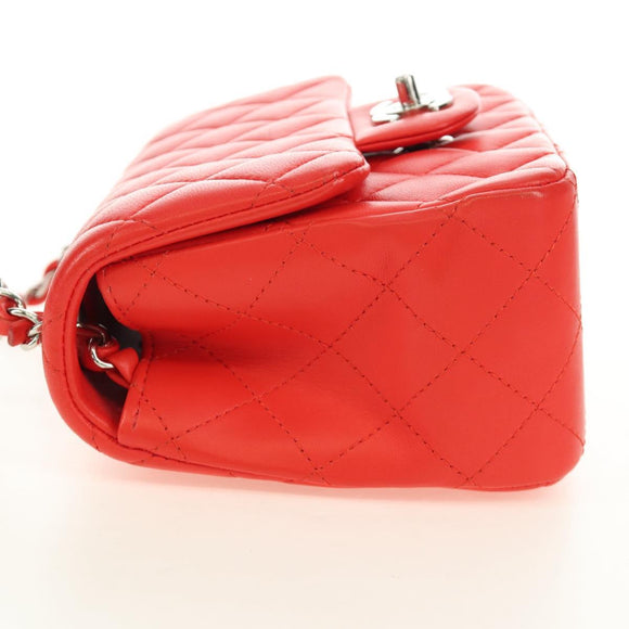 CHANEL Mini Matelasse 17 Chain Bag Lamb Skin Red Silver CC Auth 189072SM