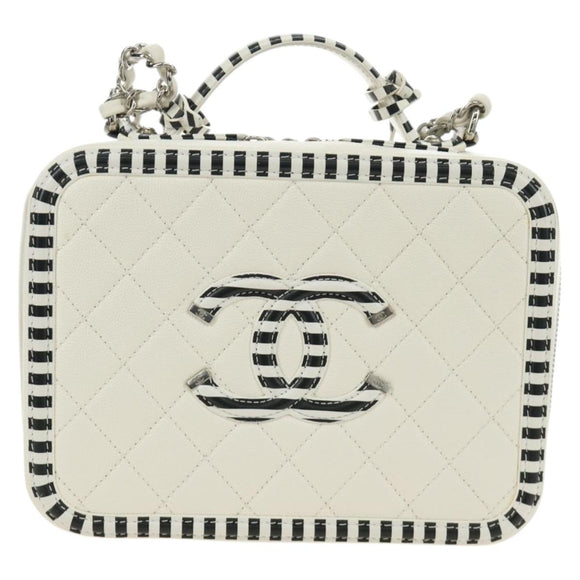 CHANEL CC Figley Matelasse Chain Bag Caviar Skin White Silver CC Auth 189075SM