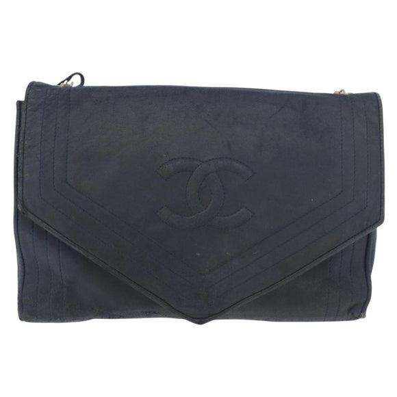 CHANEL Chain Shoulder Bag Leather Navy Gold CC Auth 189076