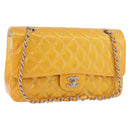 CHANEL Chain Matelasse 25 Bag Patent leather Yellow Silver CC Auth 189089-1