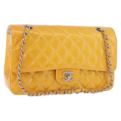 CHANEL Chain Matelasse 25 Bag Patent leather Yellow Silver CC Auth 189089