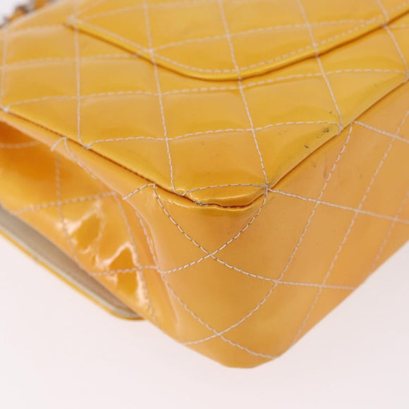 CHANEL Chain Matelasse 25 Bag Patent leather Yellow Silver CC Auth 189089