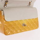CHANEL Chain Matelasse 25 Bag Patent leather Yellow Silver CC Auth 189089-21