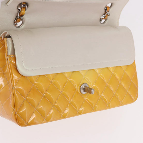CHANEL Chain Matelasse 25 Bag Patent leather Yellow Silver CC Auth 189089