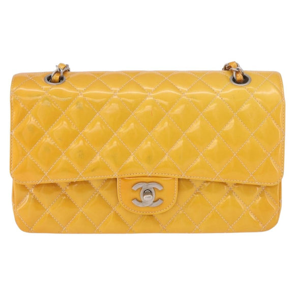 CHANEL Chain Matelasse 25 Bag Patent leather Yellow Silver CC Auth 189089